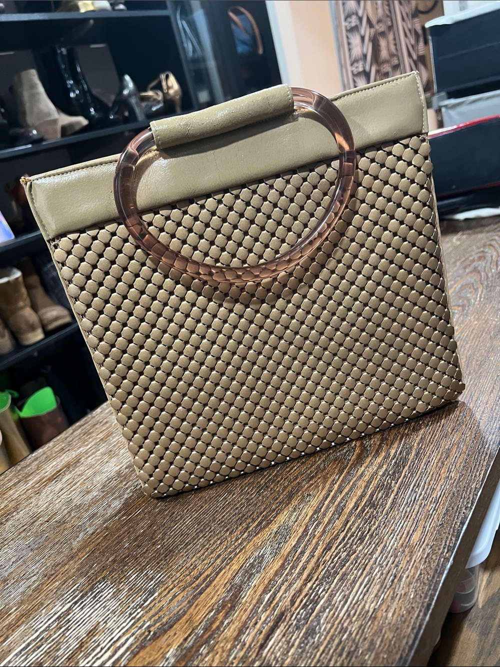 VIntage Stylish Woven Tote Bag in Taupe with Clear Top Handle